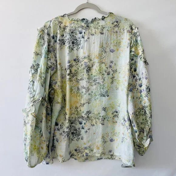 Zac & Rachel Womens Ivory Ruffle Trim Floral Print Preppy Blouse Top Size 3X - Picture 9 of 9
